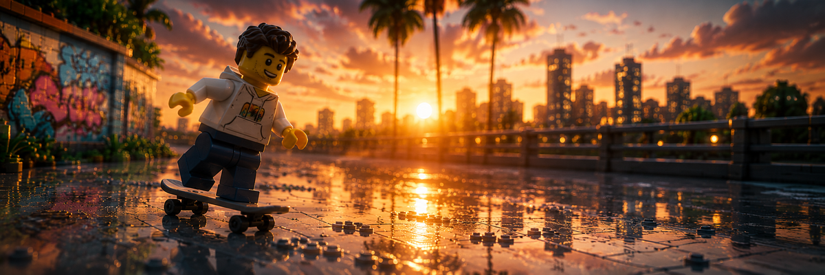 Minifigura en patineta al atardecer con la ciudad de fondo — Accesorios DagaBlocks