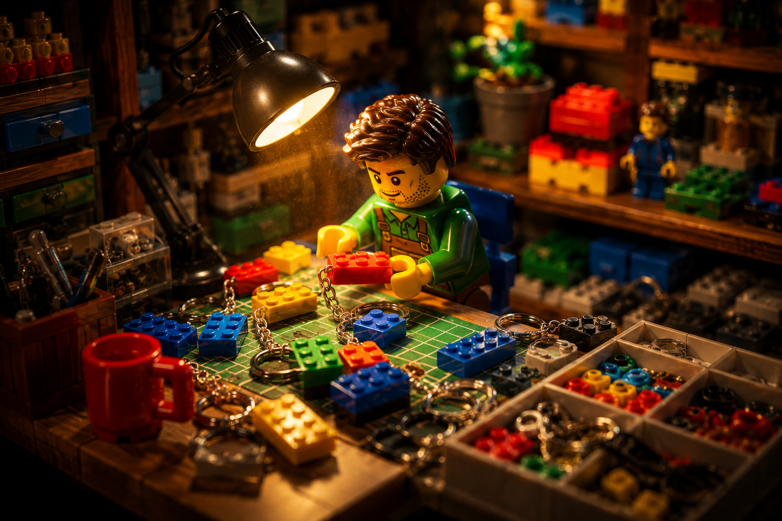 Minifigura LEGO organizando llaveros y accesorios en un escritorio