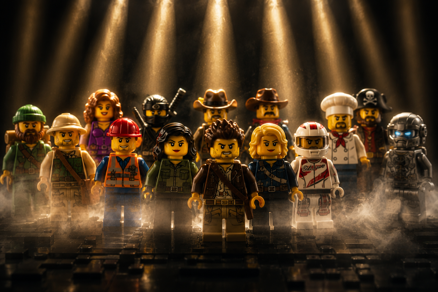 Fila de minifiguras LEGO diversas iluminadas dramáticamente