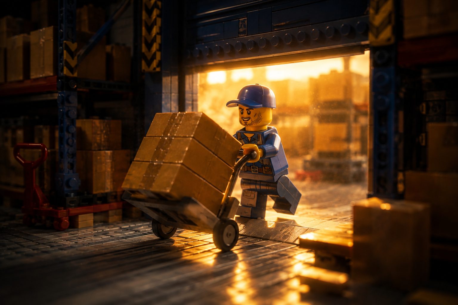 Minifigura LEGO repartidor empujando un carrito de cajas al amanecer