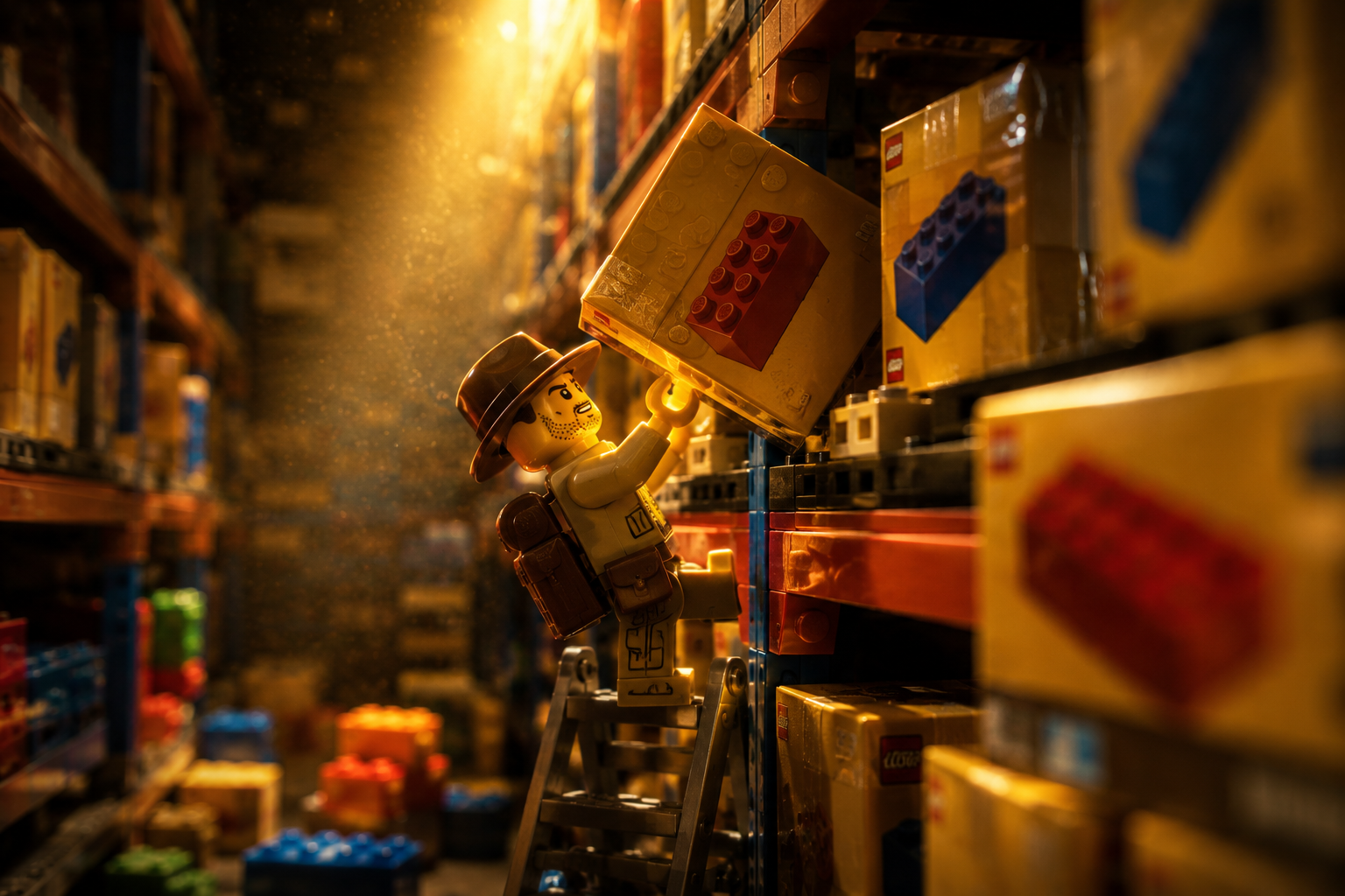 Minifigura LEGO subiendo por una escalera para alcanzar una caja sellada en un almacén