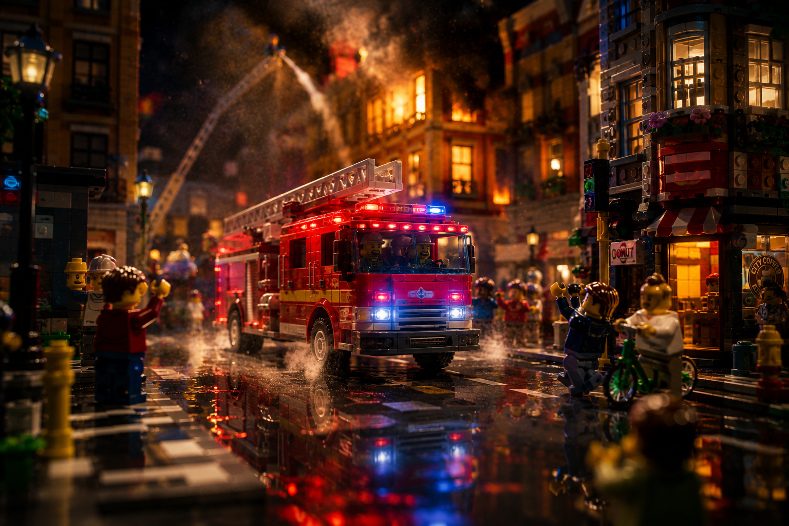 Camión de bomberos LEGO en una calle de ciudad de noche