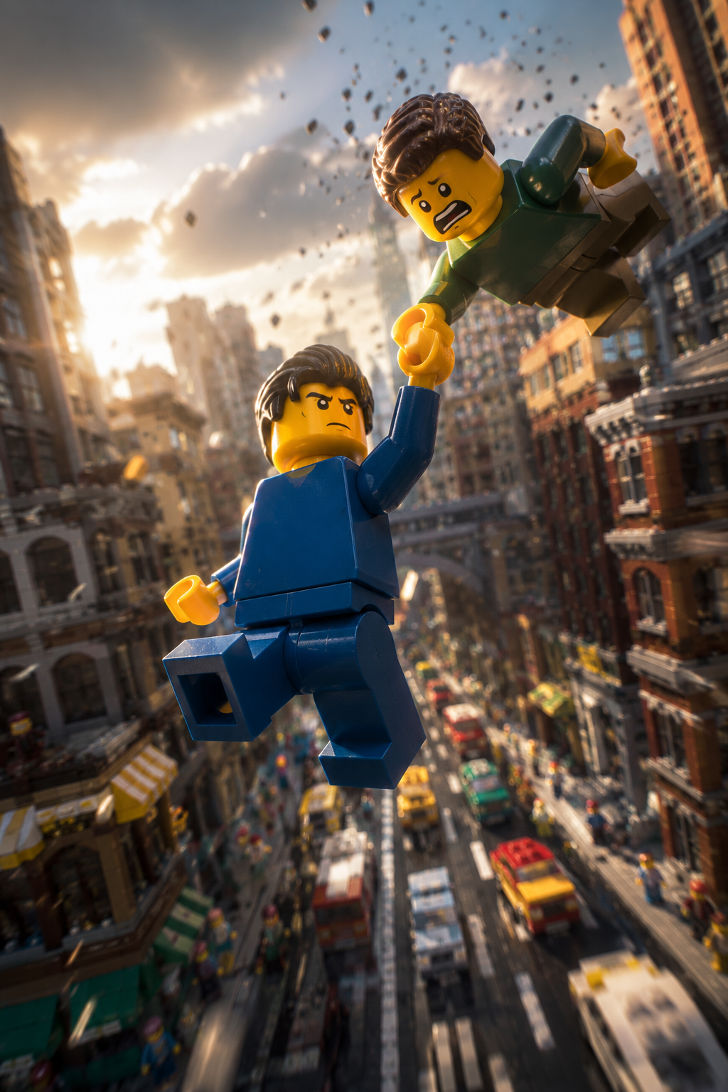 Minifigura LEGO rescatando a otra en el aire sobre una ciudad