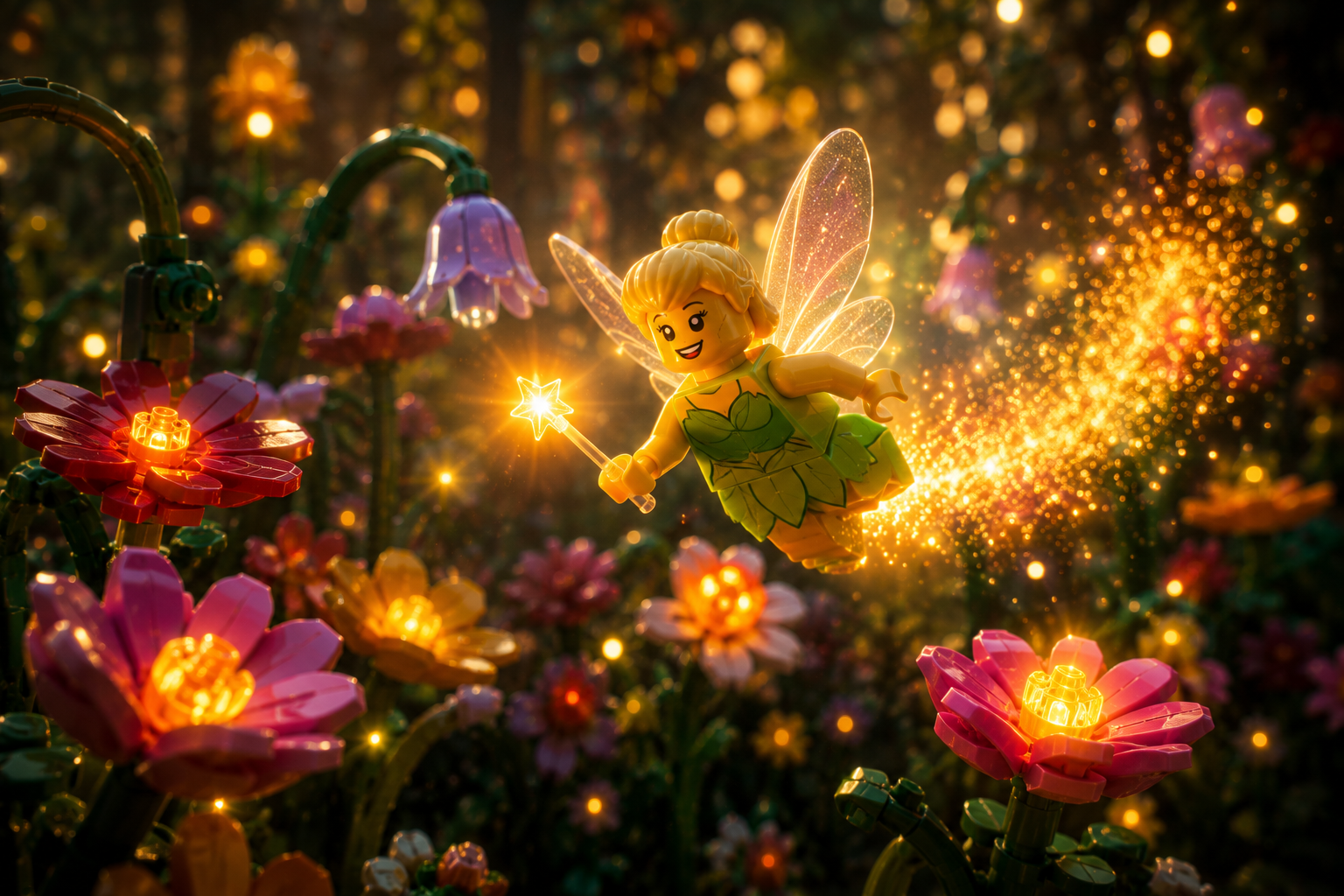 Hada LEGO volando en un jardín encantado