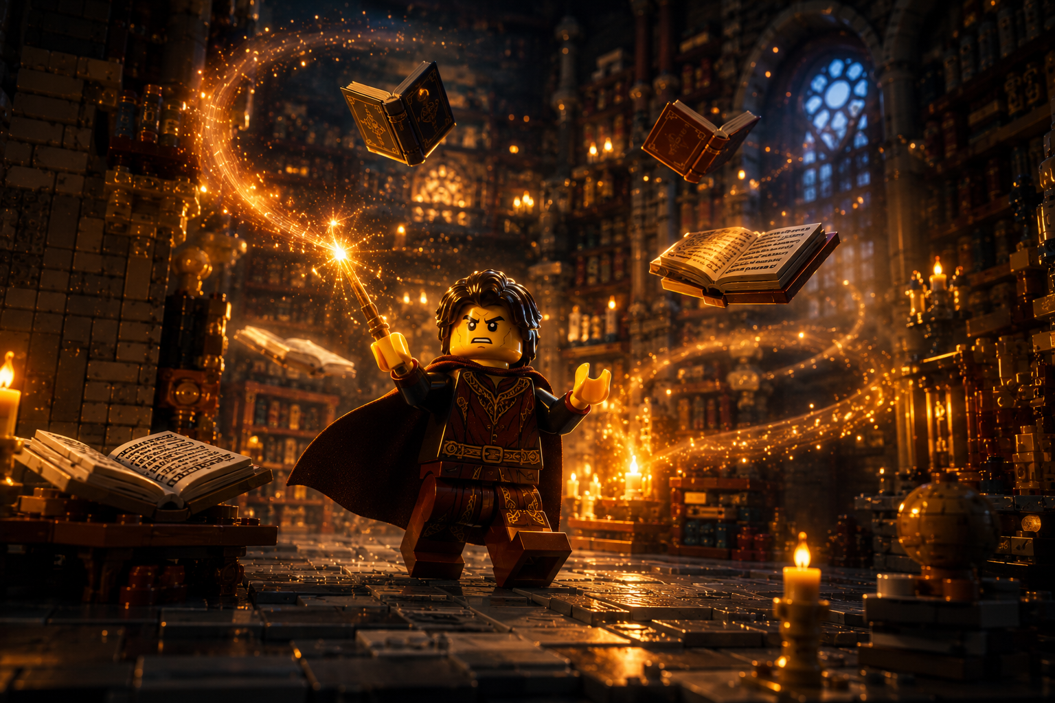 Minifigura LEGO hechicera lanzando un hechizo en una biblioteca mágica