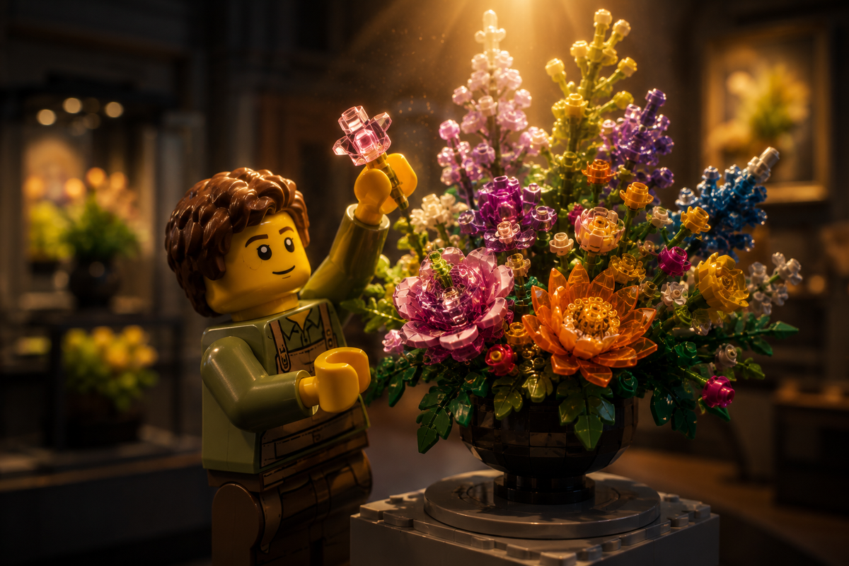 Minifigura LEGO colocando una flor en un ramo botánico de exhibición