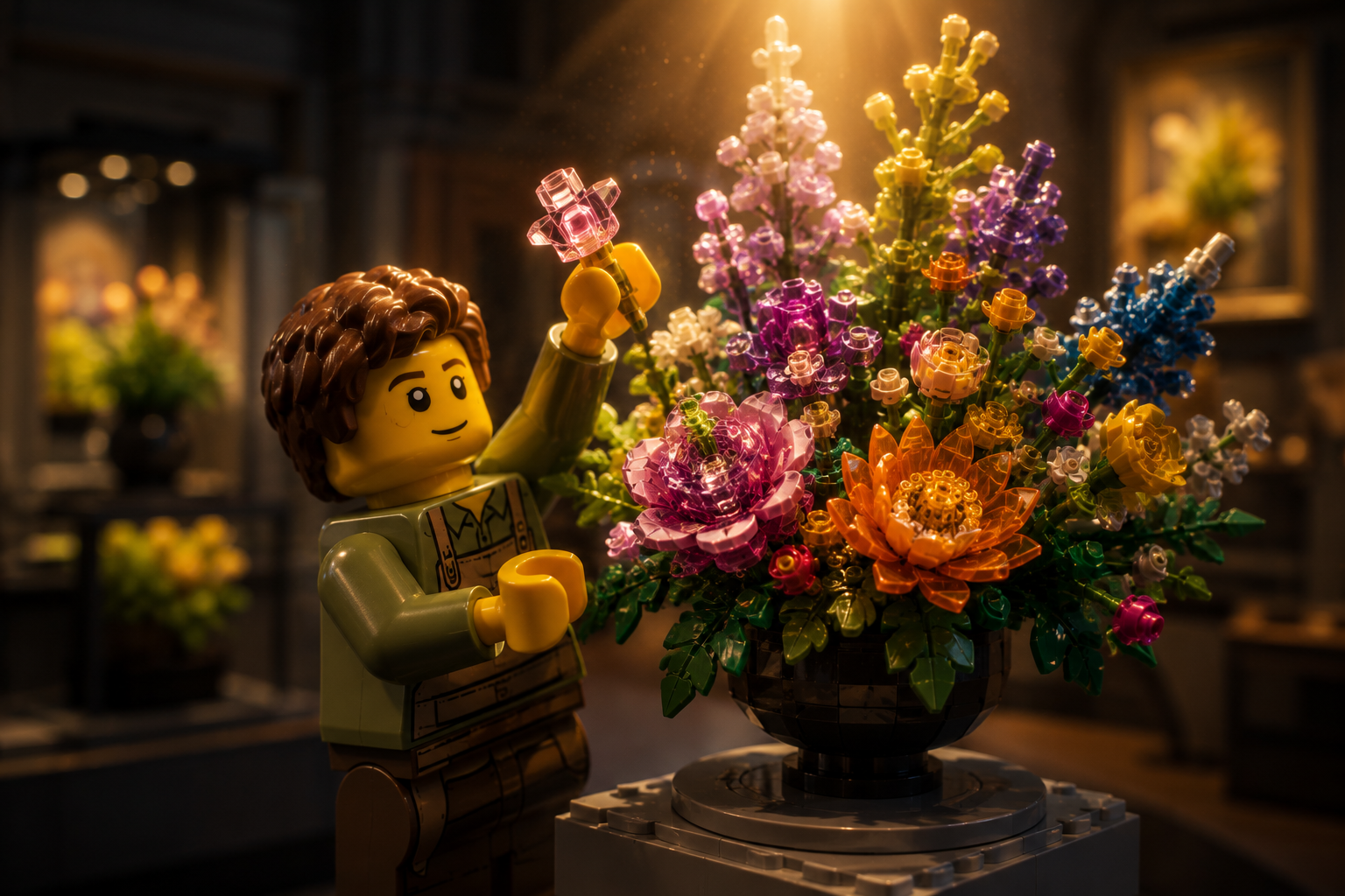 Minifigura LEGO colocando una flor en un ramo botánico de exhibición
