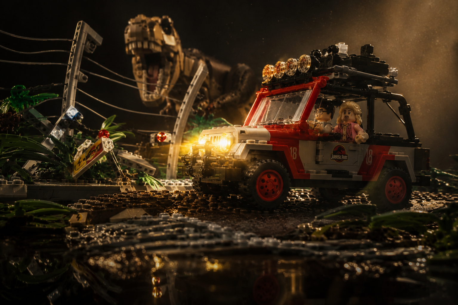 Jeep LEGO frente a un T-Rex en la selva