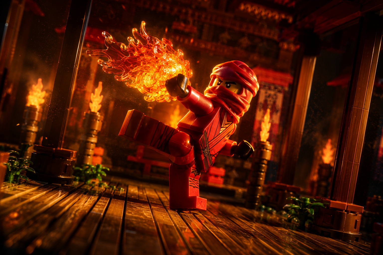 Minifigura ninja LEGO en patada con energía de fuego en un templo