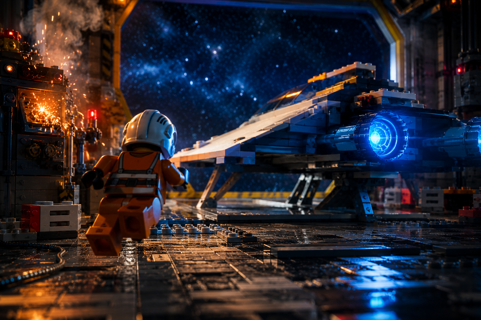 Piloto LEGO corriendo hacia una nave espacial en un hangar