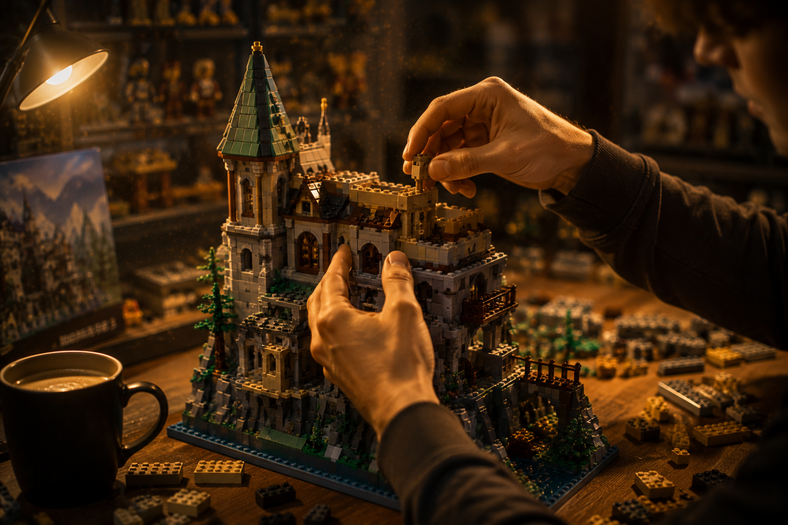 Manos armando un set LEGO grande tipo castillo — Sets Armados