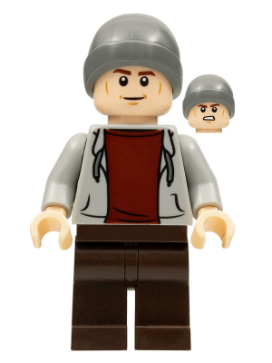 LEGO Minifigura Dinosaur Market Stall Owner - Male, Light Bluish Gray Hoodie, Dark Brown Legs, Dark Bluish Gray Beanie - Jurassic World — imagen BrickLink
