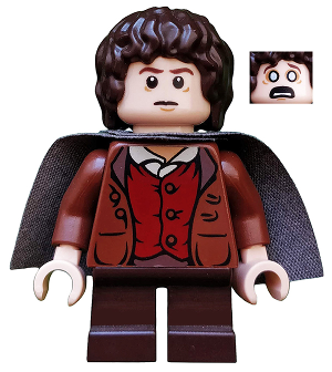 Frodo Baggins - Reddish Brown Jacket, Dark Brown Legs, Dark Bluish Gray Cape - BrickLink - DagaBlocks