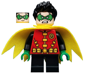 LEGO Minifigura Robin - Green Mask and Hands, Black Short Legs, Yellow Scalloped Cape - DC — imagen BrickLink