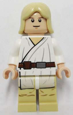Luke Skywalker - Tatooine, Light Nougat, Long Hair, White Tunic, Tan Legs, White Glints - BrickLink - DagaBlocks
