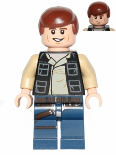 Han Solo - Black Vest with Pockets over Tan Shirt with Dark Tan Creases, Dark Blue Legs with Belts, Smooth Hair - BrickLink - DagaBlocks