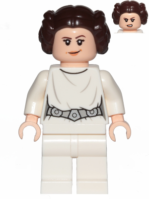 LEGO Minifigura Princess Leia - White Dress, Detailed Belt with 3 Emblems, White Legs, Lopsided Grin / Angry Open Mouth Scowl - Star Wars — imagen BrickLink